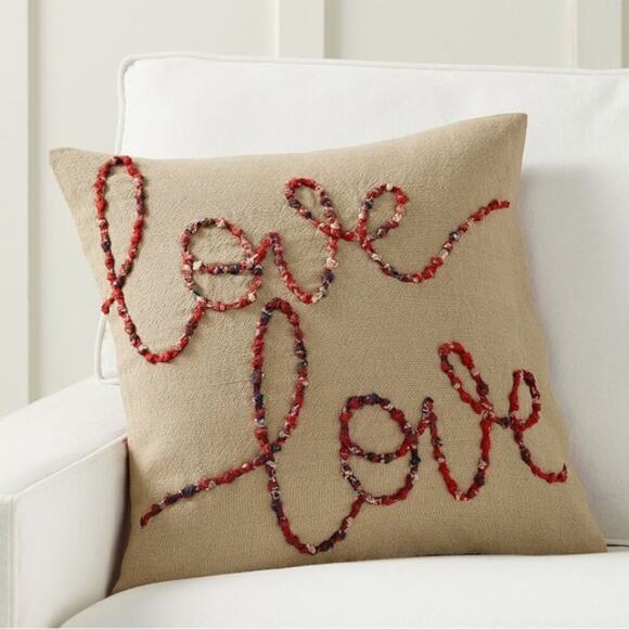 Pottery Barn Love Script Reversible Tan Red Plaid Pillow Cover Cotton Linen NWT - Picture 1 of 8